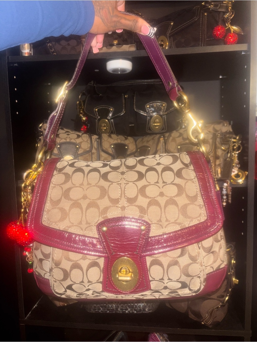 Vintage Coach Legacy Ali Signature Canvas Shoulder Bag with Burgundy Trim